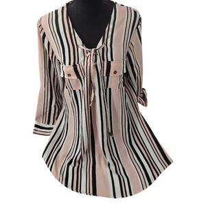 Live 4 Truth Striped Lace Up Blouse L Pink Black Tunic Top